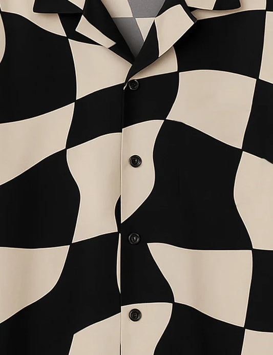 DapperWeave's Black Beige Abstract Checker Printed Shirt for Men