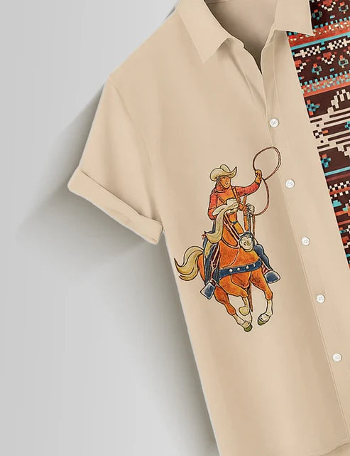 DapperWeave's Western Cowboy Printed Designer Shirt for Men – Beige Casual Statement Shirt