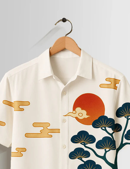 DapperWeave's Japanese Ocean Art Designer Shirt & White T-Shirt Combo for Men – Stylish Summer Casual Outfit