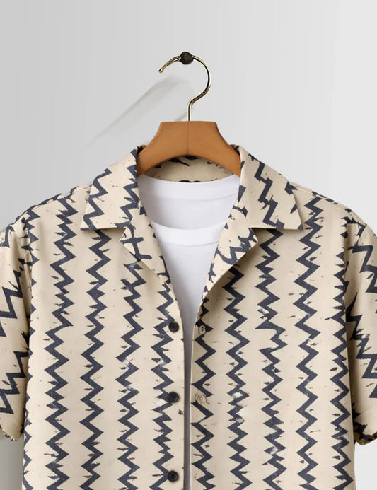 DapperWeave's Beige Zigzag Printed Shirt with White T-Shirt Combo for Men