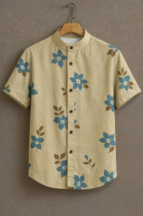DapperWeave's Blue Floral Print Mandarin Collar Shirt for Men – Beige Casual Summer Designer Shirt