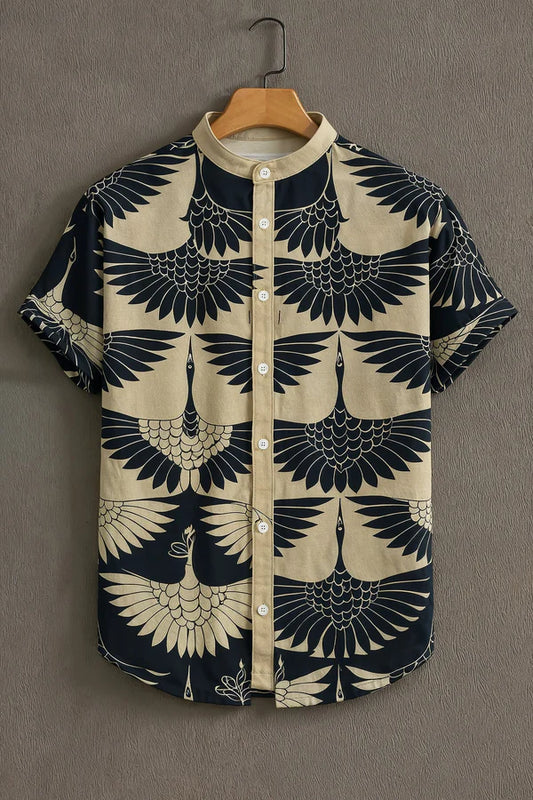 DapperWeave's Japanese Crane Pattern Printed Summer Shirt for Men