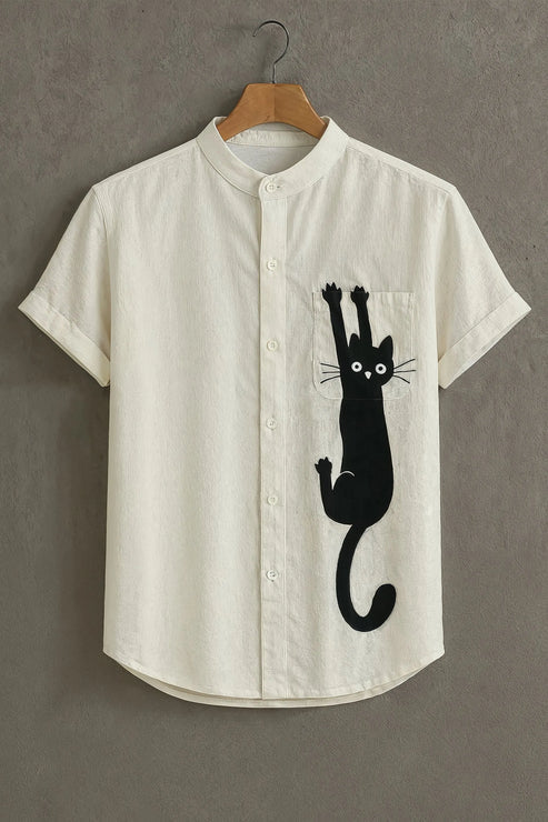 DapperWeave's Minimal Black Cat Graphic Shirt for Men – White Mandarin Collar Casual Shirt