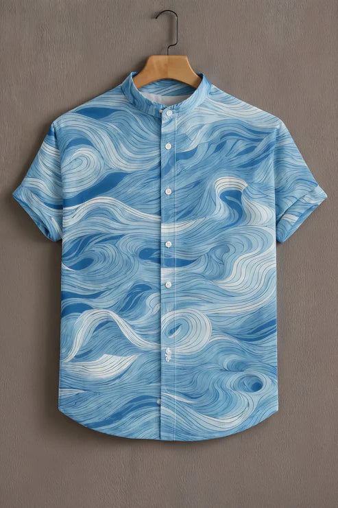 DapperWeave's Blue Ocean Wave Pattern Shirt for Men – Artistic Mandarin Collar Casual Designer Shirt