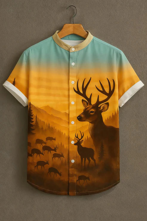DapperWeave's Majestic Deer Landscape Designer Shirt for Men – Sunset Nature Print Mandarin Collar Shirt