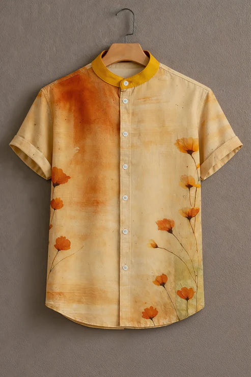 DapperWeave's Artistic Floral Watercolor Mandarin Collar Shirt for Men – Warm Beige Casual Designer Shirt