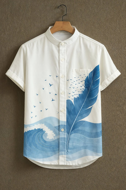 DapperWeave's Ocean Wave & Feather Art Shirt for Men – White Mandarin Collar Casual Designer Shirt