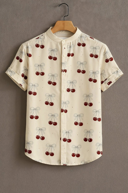DapperWeave's Cherry Print Designer Shirt for Men – Cream Mandarin Collar Casual Summer Shirt