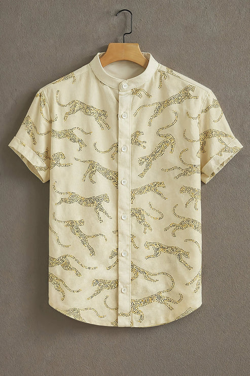 DapperWeave's Minimal Leopard Pattern Designer Shirt for Men – Cream Mandarin Collar Casual Summer Shirt