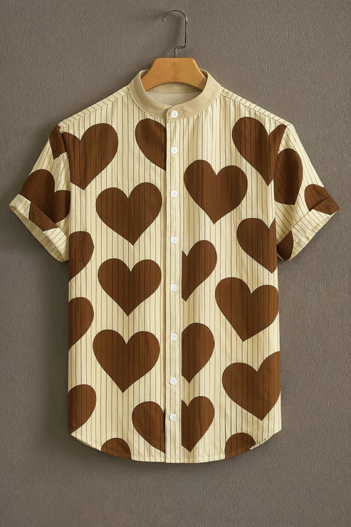 DapperWeave's Retro Heart Pattern Designer Shirt for Men – Vintage Stripe Mandarin Collar Casual Shirt