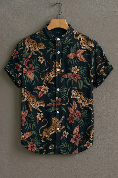 DapperWeave's Wild Leopard Tropical Print Shirt for Men – Jungle Floral Mandarin Collar Designer Shirt