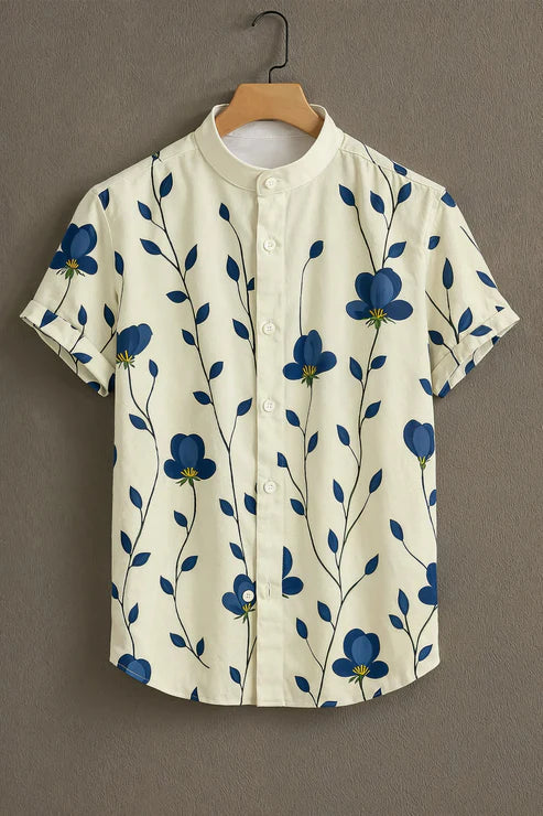 DapperWeave's Blue Floral Vine Print Shirt for Men – Cream Mandarin Collar Casual Designer Shirt