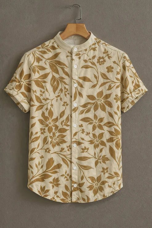 DapperWeave's Golden Botanical Floral Print Shirt for Men – Beige Mandarin Collar Casual Designer Shirt