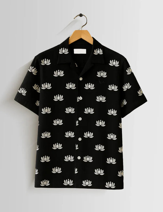 DapperWeave's Black Lotus Printed Shirt with White T-Shirt Combo for Men