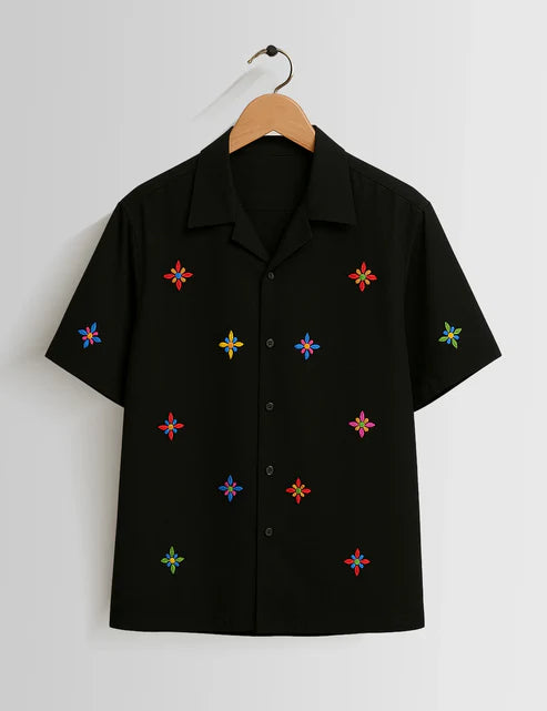 DapperWeave's Black Multicolor Star Embroidered Summer Shirt for Men – Stylish Casual Designer Shirt