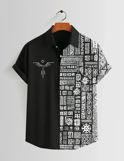 DapperWeave's Black Geometric Split Designer Shirt & White T-Shirt Combo for Men – Modern Statement Summer Outfit