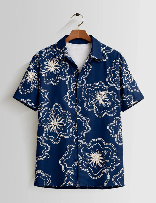 DapperWeave's Blue Floral Outline Printed Shirt with White T-Shirt Combo for Men