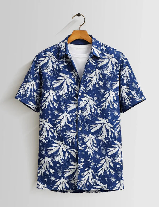 DapperWeave's Blue Leaf Printed Shirt with White T-Shirt Combo for Men