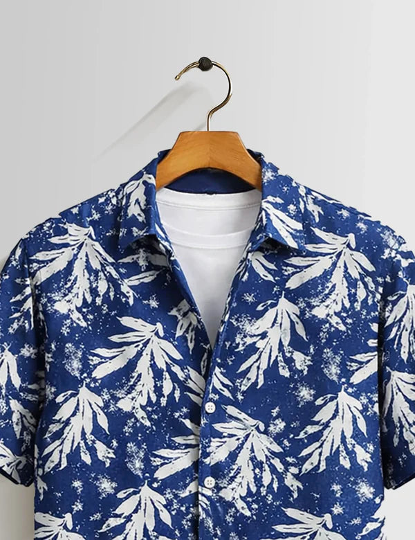 DapperWeave's Blue Leaf Printed Shirt with White T-Shirt Combo for Men