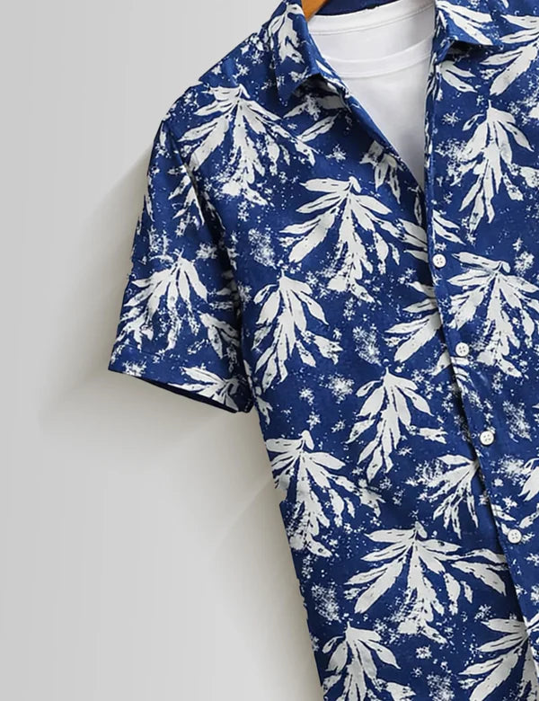 DapperWeave's Blue Leaf Printed Shirt with White T-Shirt Combo for Men