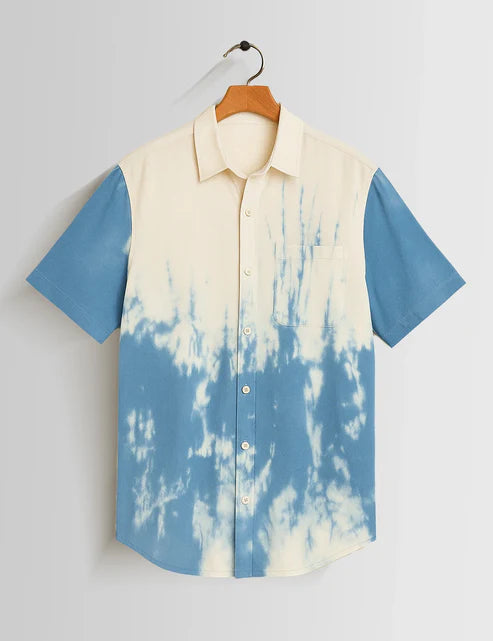 DapperWeave's Blue Tie-Dye Designer Shirt & White T-Shirt Combo for Men – Stylish Summer Casual Outfit