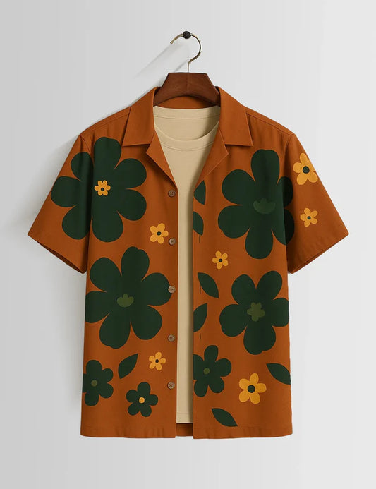 DapperWeave's Brown Tropical Floral Summer Shirt for Men – Bold Casual Vacation Shirt