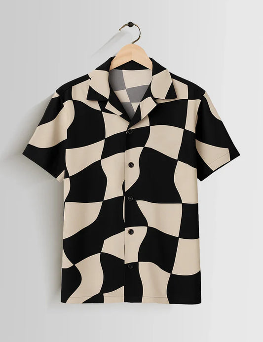 DapperWeave's Black Beige Abstract Checker Printed Shirt for Men
