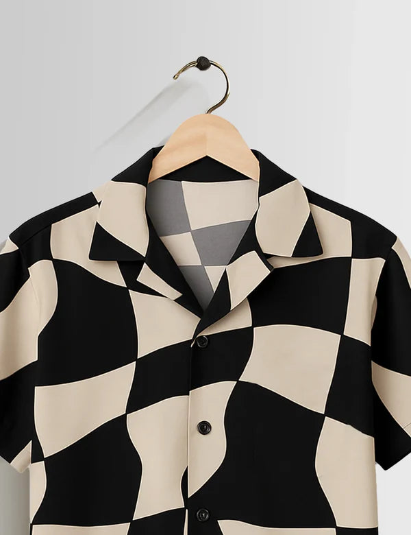 DapperWeave's Black Beige Abstract Checker Printed Shirt for Men
