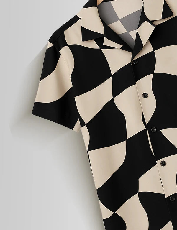 DapperWeave's Black Beige Abstract Checker Printed Shirt for Men
