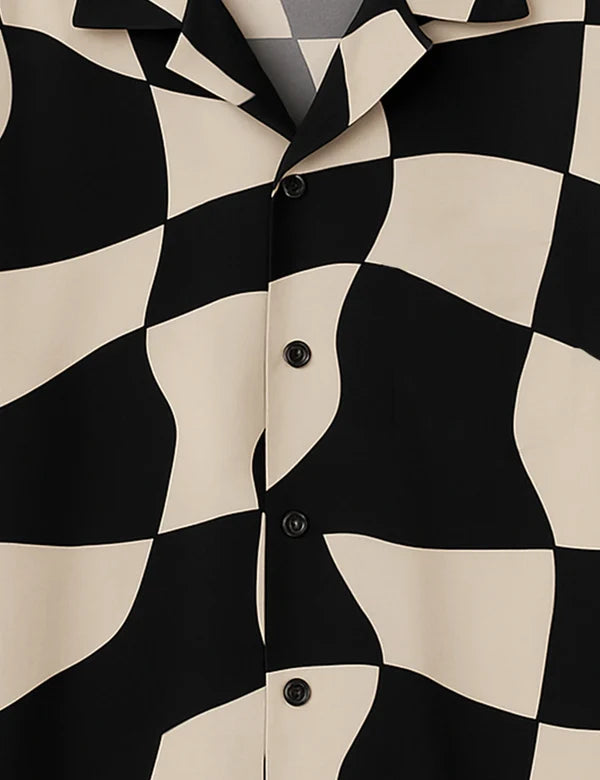 DapperWeave's Black Beige Abstract Checker Printed Shirt for Men