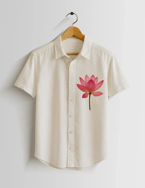 DapperWeave's Cream Lotus Print Designer Shirt & White T-Shirt Combo for Men – Elegant Summer Casual Outfit