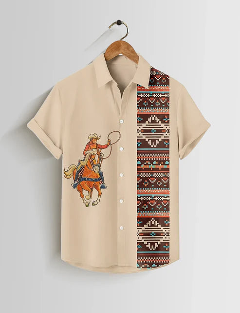 DapperWeave's Western Cowboy Printed Designer Shirt for Men – Beige Casual Statement Shirt