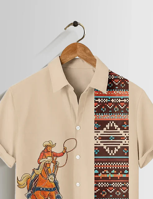 DapperWeave's Western Cowboy Printed Designer Shirt for Men – Beige Casual Statement Shirt
