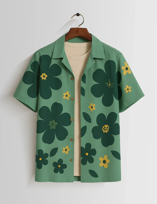 DapperWeave's Green Big Floral Printed Shirt with T-Shirt Combo for Men