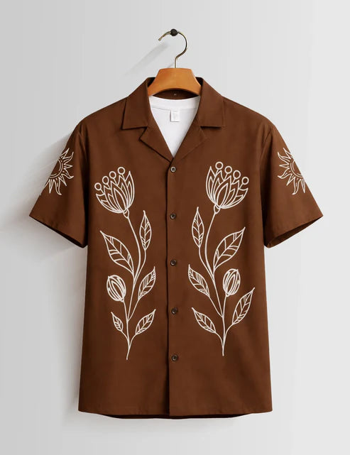 DapperWeave's Brown Floral Outline Designer Shirt & White T-Shirt Combo for Men – Stylish Summer Casual Set