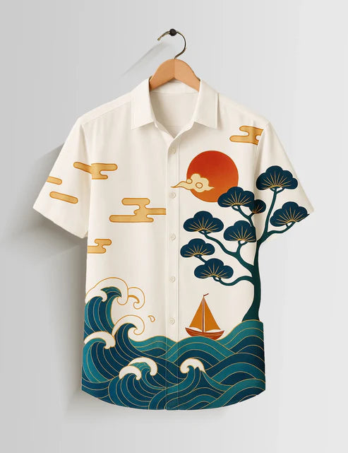 DapperWeave's Japanese Ocean Art Designer Shirt & White T-Shirt Combo for Men – Stylish Summer Casual Outfit