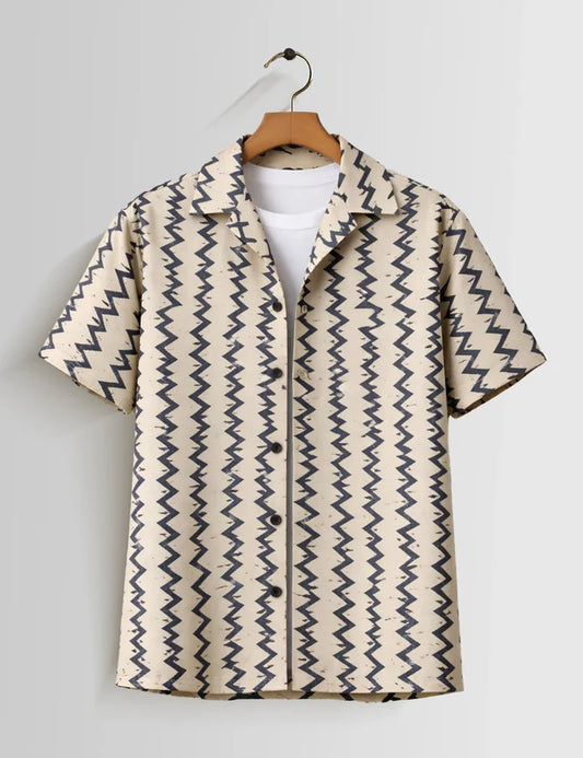 DapperWeave's Beige Zigzag Printed Shirt with White T-Shirt Combo for Men