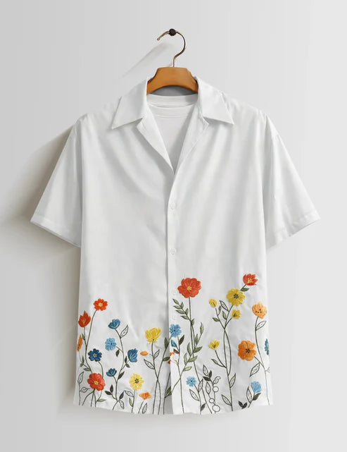 DapperWeave's White Floral Embroidered Designer Shirt & White T-Shirt Combo for Men – Premium Summer Casual Set